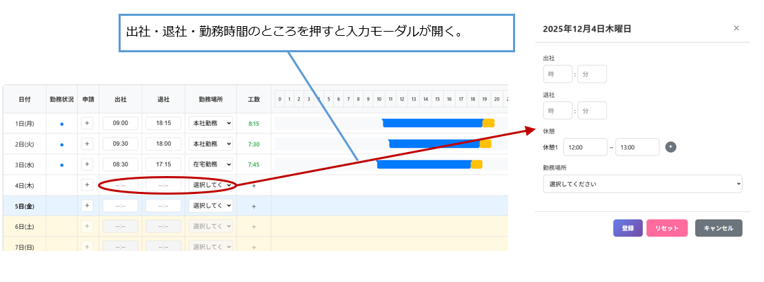 出退勤を入力するモーダル（ステップ3で開く）